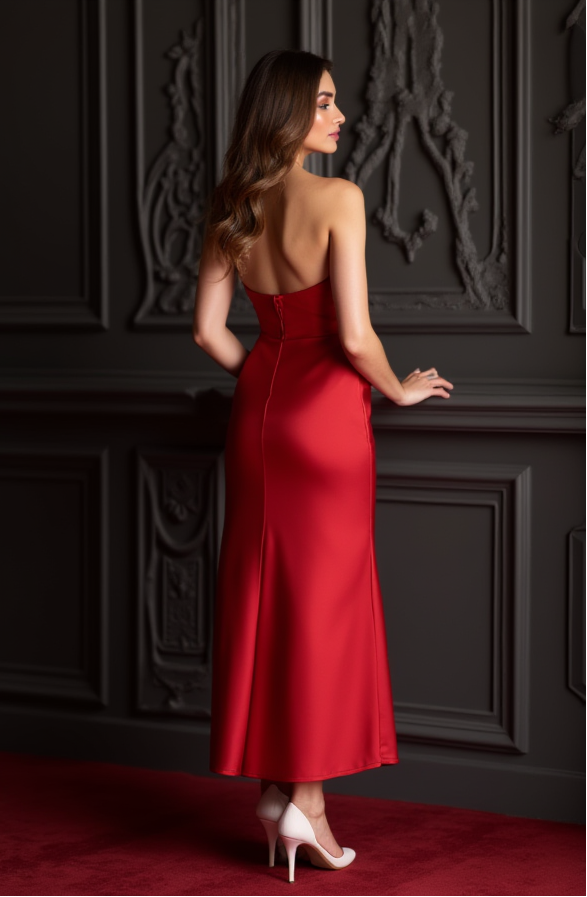 Classic Red Satin Strapless Gown – Timeless Midi Formal Dress