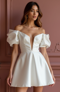 Minimalist White Mini Short Wedding Dress with a Sleek Silhouette for a Contemporary Bridal Style