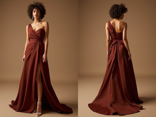 One-Shoulder Brown Satin Evening Dress with Slit

