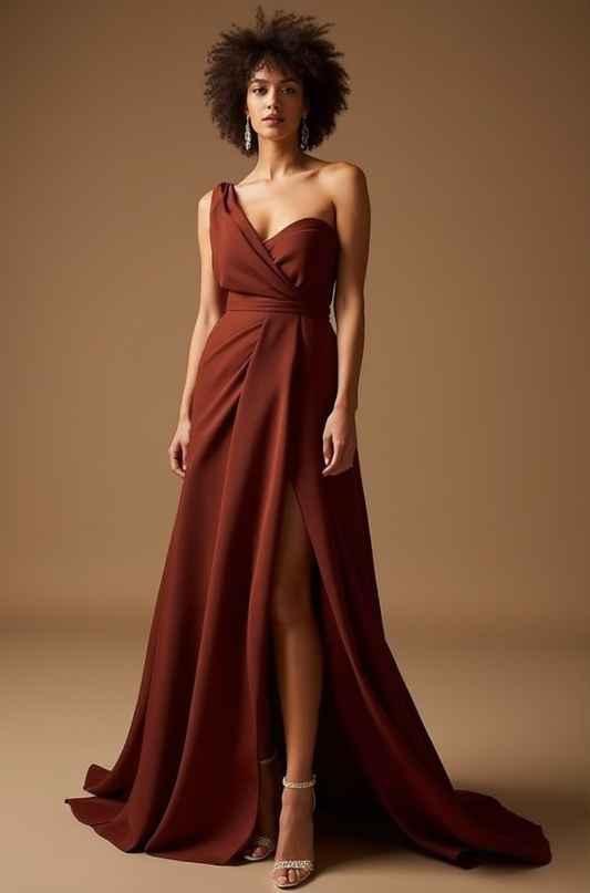 One-Shoulder Brown Satin Evening Dress with Slit

