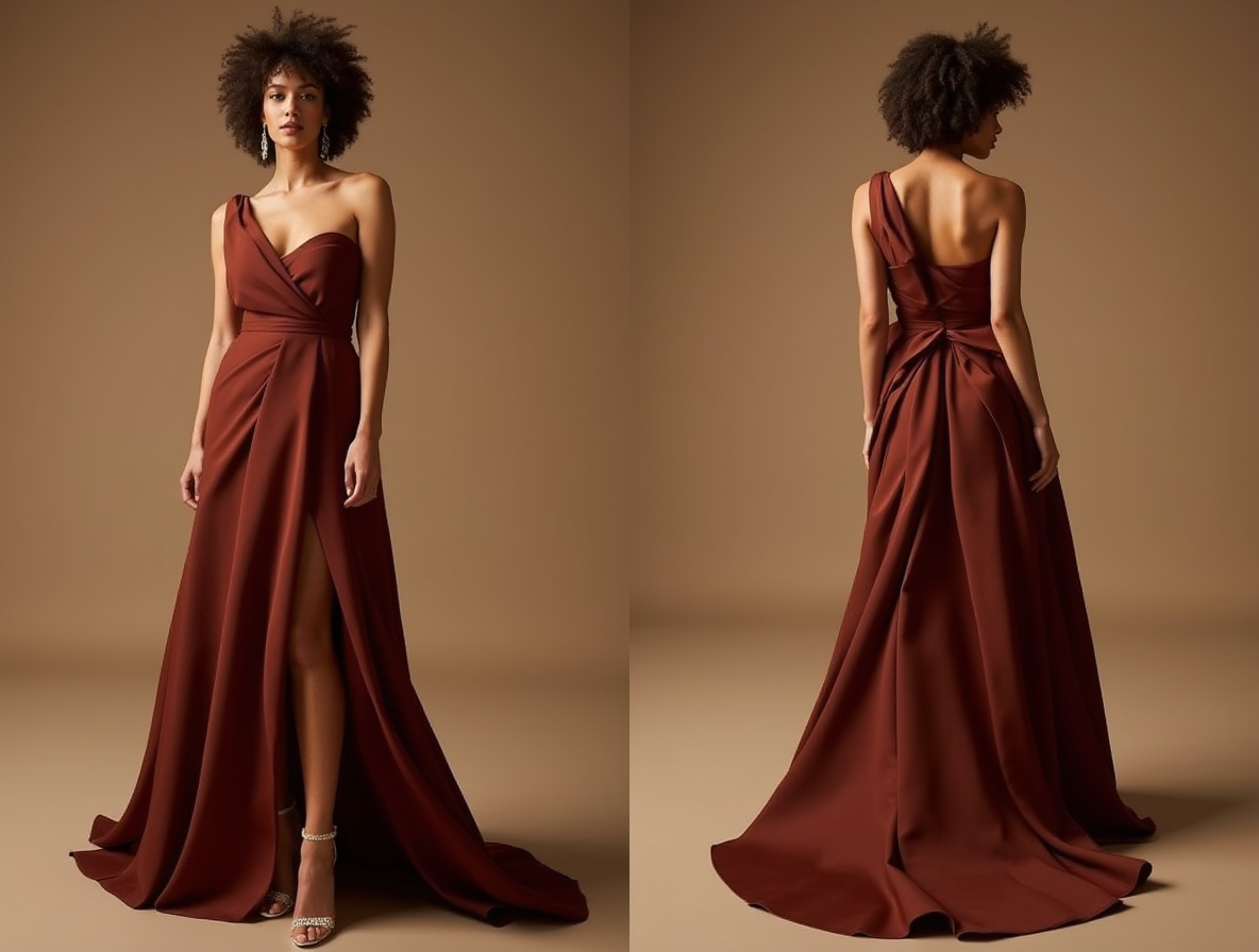 Deep Red Sequin Evening Dress with Long Sleeves and V-Neckline

