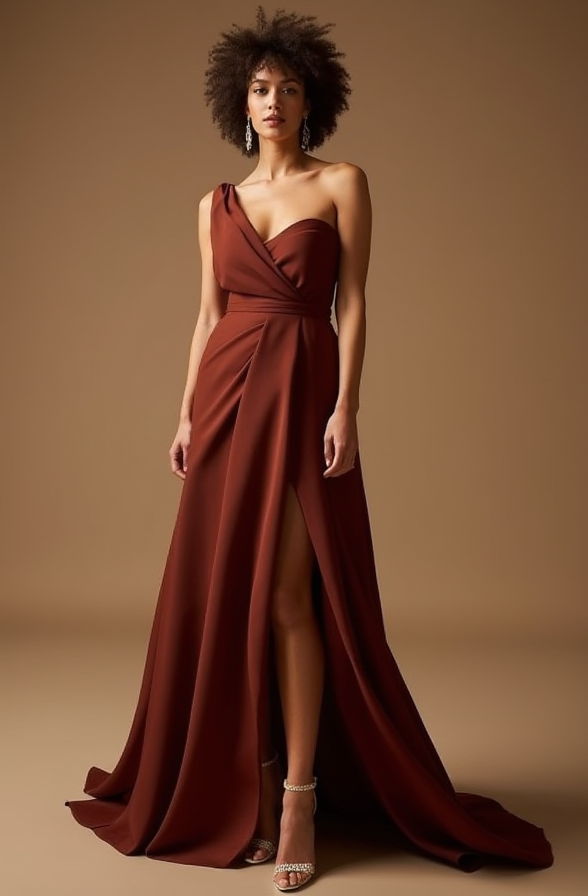 Deep Red Sequin Evening Dress with Long Sleeves and V-Neckline
