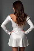 Elegant Off-Shoulder White Mini Dress with Long Sleeves – Chic Bridal Look