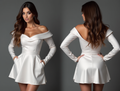 Elegant Off-Shoulder White Mini Dress with Long Sleeves – Chic Bridal Look