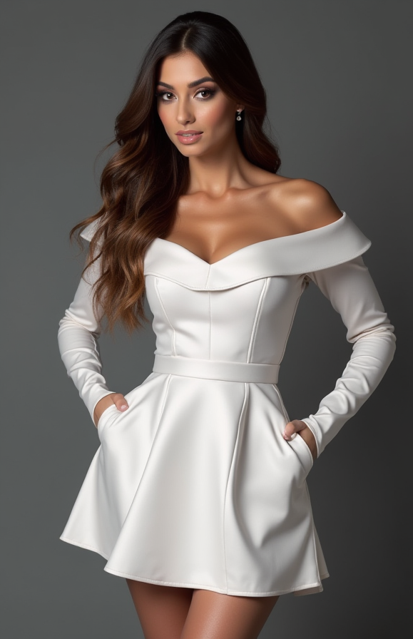 Elegant Off-Shoulder White Mini Dress with Long Sleeves – Chic Bridal Look