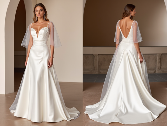  A-Line Satin Bridal Dress – Illusion Sleeves & Beaded Tulle Capes