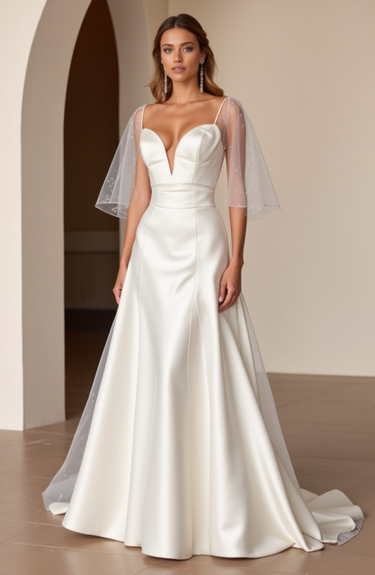  A-Line Satin Bridal Dress – Illusion Sleeves & Beaded Tulle Capes