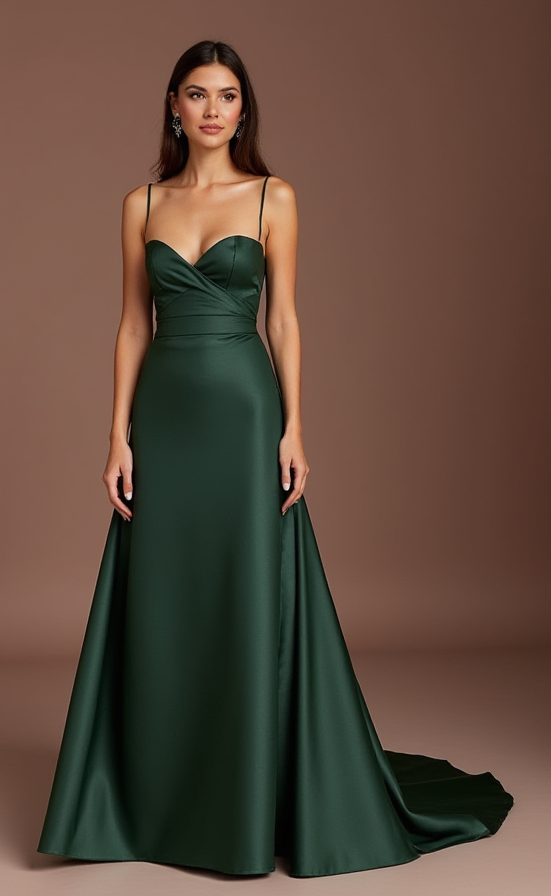 Stylish Green Evening Dress & Prom Gown with Satin Corset and Pleated Skirt