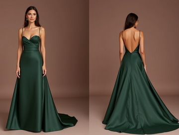 Stylish Green Evening Dress & Prom Gown with Satin Corset and Pleated Skirt
