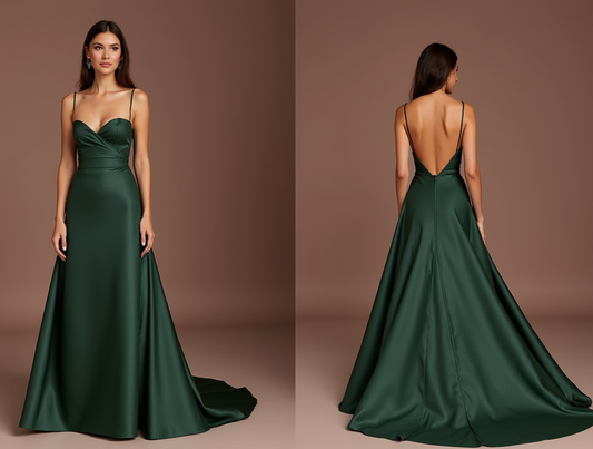 Stylish Green Evening Dress & Prom Gown with Satin Corset and Pleated Skirt