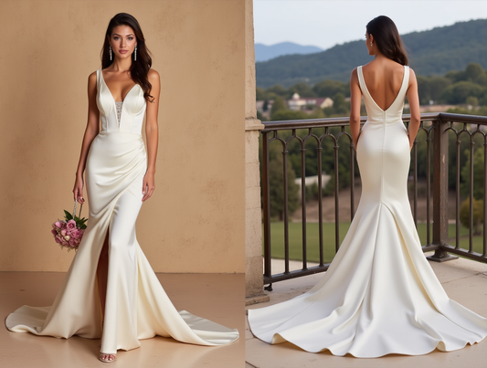 Elegant Mermaid Wedding Dress – Sleeveless with Low V-Back & Ruched Skirt
