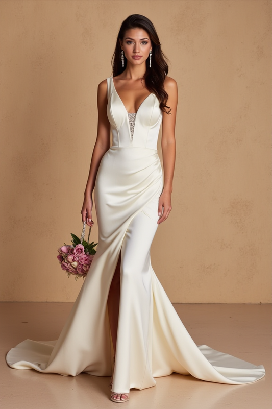 Elegant Mermaid Wedding Dress – Sleeveless with Low V-Back & Ruched Skirt
