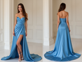 Sky Blue Satin High-Low Evening Dress with Train