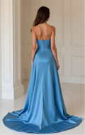 Sky Blue Satin High-Low Evening Dress with Train