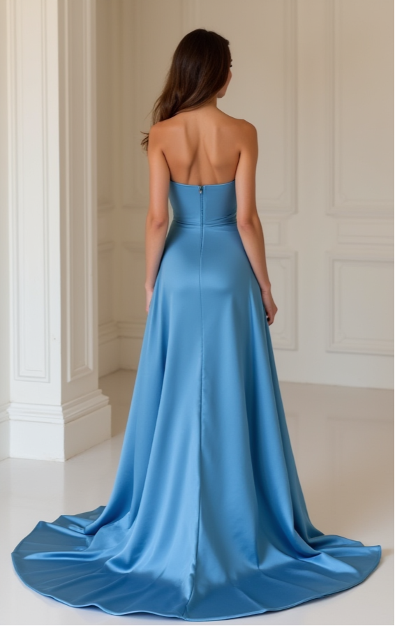 Sky Blue Satin High-Low Evening Dress with Train