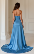 Royal Blue High-Slit Gown – Strapless Satin Dress with Train
