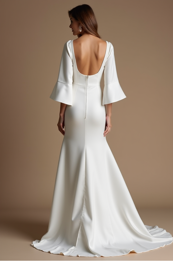 Modern White Wedding Dress with Bell Sleeves and Plunging Neckline

