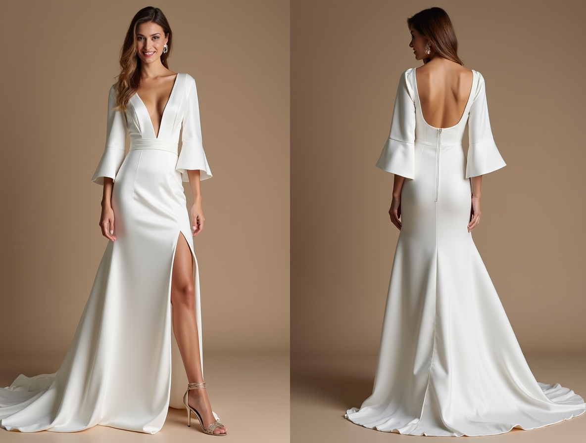 Modern White Wedding Dress with Bell Sleeves and Plunging Neckline

