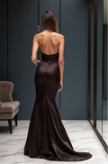 Mermaid Fit Dark Chocolate Satin Evening Dress with Sweetheart Neckline – Formal Occasion Gown