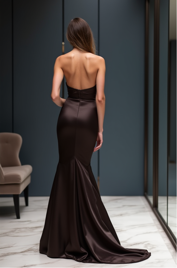 Mermaid Fit Dark Chocolate Satin Evening Dress with Sweetheart Neckline – Formal Occasion Gown