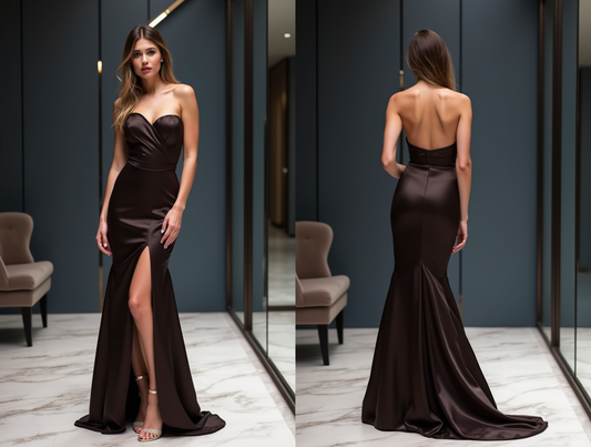 Mermaid Fit Dark Chocolate Satin Evening Dress with Sweetheart Neckline – Formal Occasion Gown