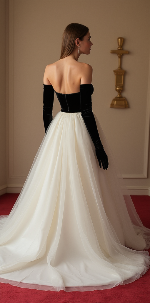 Strapless Ball Gown Wedding Dress with Velvet Bodice and Tulle Skirt