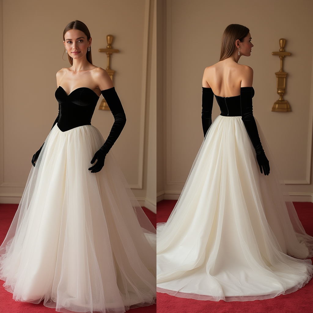 Strapless Ball Gown Wedding Dress with Velvet Bodice and Tulle Skirt
