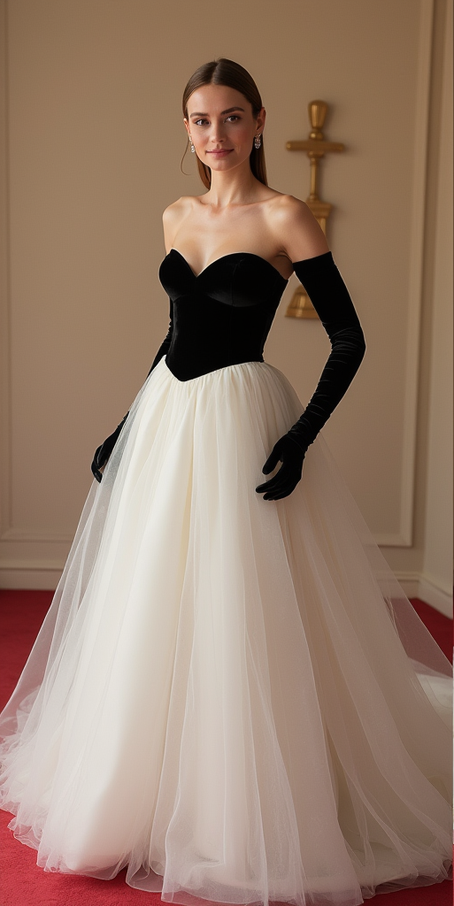 Strapless Ball Gown Wedding Dress with Velvet Bodice and Tulle Skirt