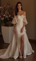 Modern Off Shoulder Wedding Dress with Flowy Sleeves and Slit – Mermaid Fit