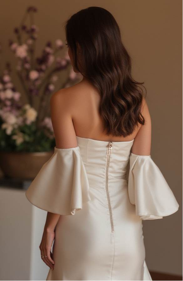 Modern Off Shoulder Wedding Dress with Flowy Sleeves and Slit – Mermaid Fit