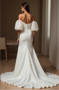 Mermaid Wedding Gown – Puffy Off-Shoulder Sleeves & Fitted Bodice