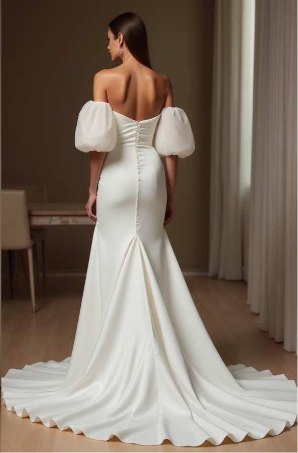 Mermaid Wedding Gown – Puffy Off-Shoulder Sleeves & Fitted Bodice