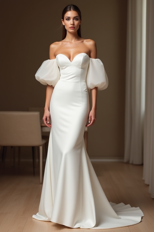 Mermaid Wedding Gown – Puffy Off-Shoulder Sleeves & Fitted Bodice