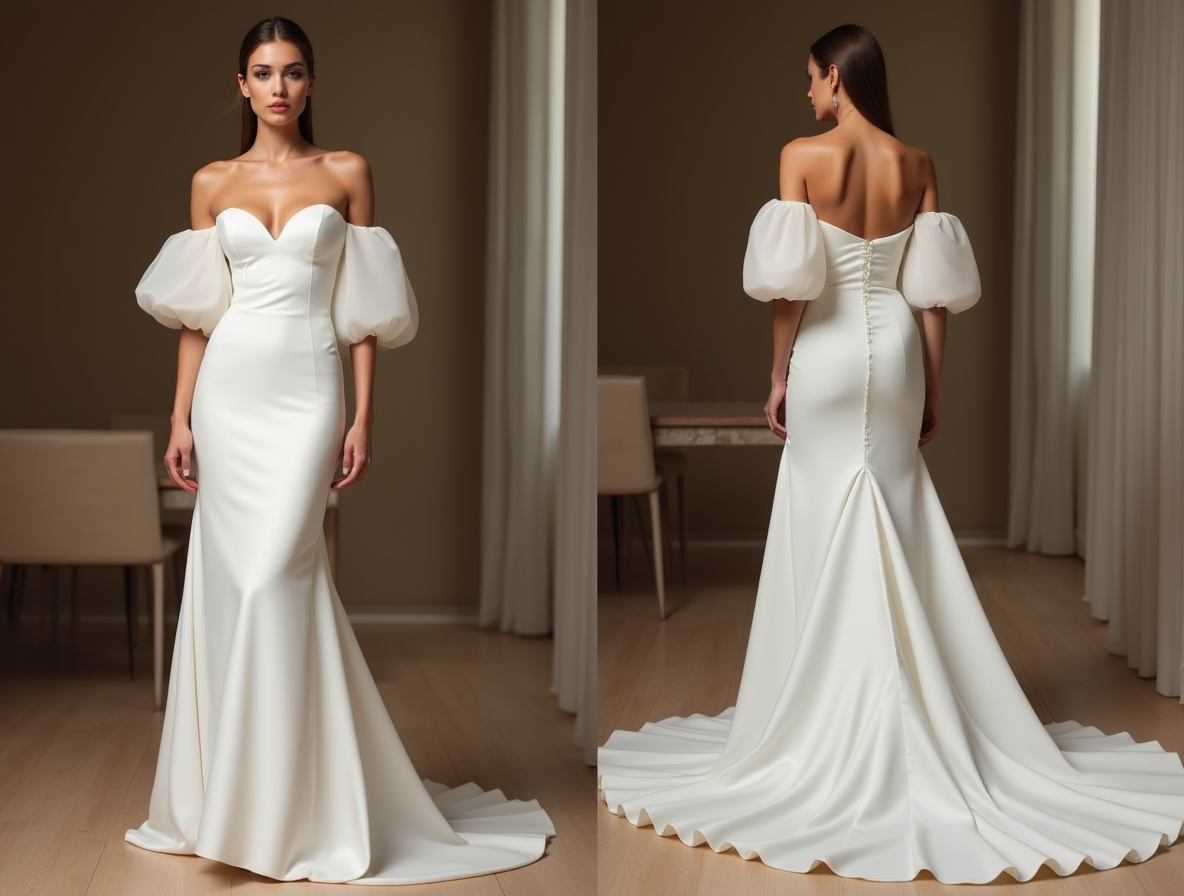 Mermaid Wedding Gown – Puffy Off-Shoulder Sleeves & Fitted Bodice