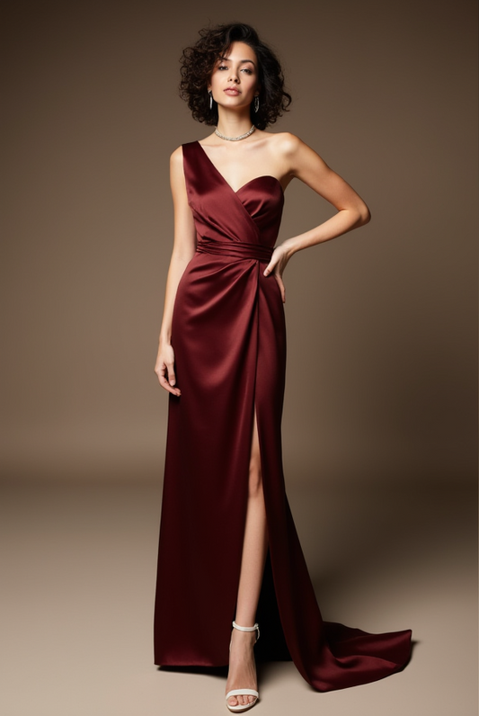 One-Shoulder Burgundy Satin Evening Dress with High Slit