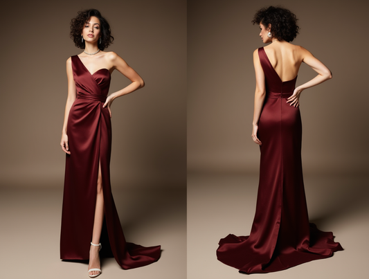 One-Shoulder Burgundy Satin Evening Dress with High Slit