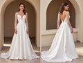 Classic Ball Gown Wedding Dress – Deep V-Neck & Sheer Beaded Long Sleeves