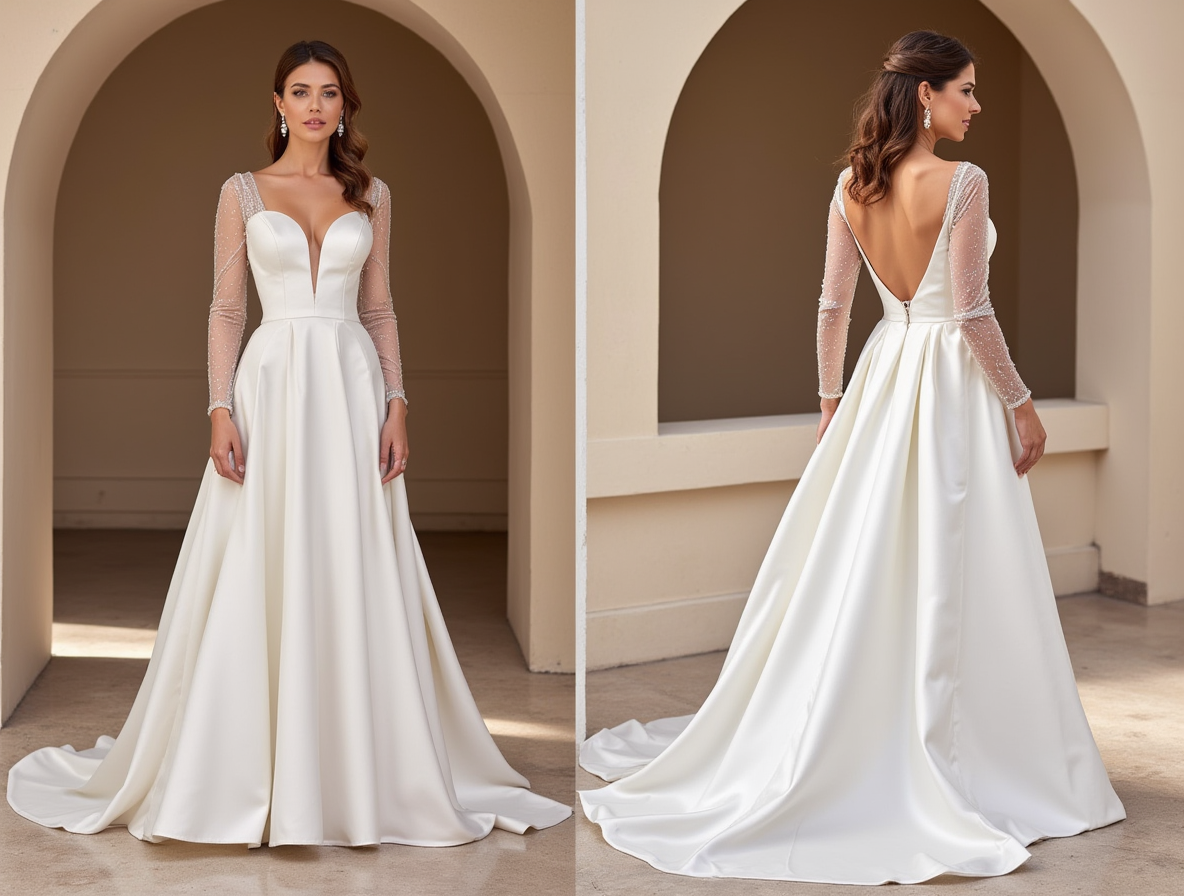 Classic Ball Gown Wedding Dress – Deep V-Neck & Sheer Beaded Long Sleeves
