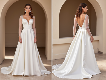 Classic Ball Gown Wedding Dress – Deep V-Neck & Sheer Beaded Long Sleeves