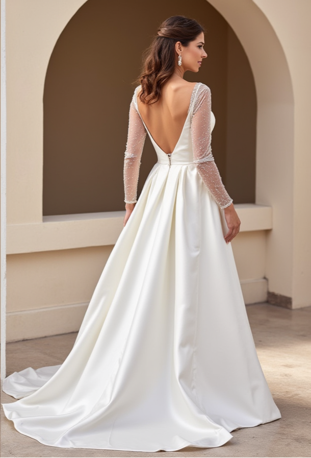 Classic Ball Gown Wedding Dress – Deep V-Neck & Sheer Beaded Long Sleeves