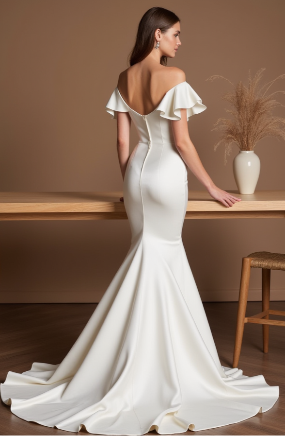 Off-Shoulder Mermaid Wedding Dress – Ruffled Sleeves & Sweetheart Neckline