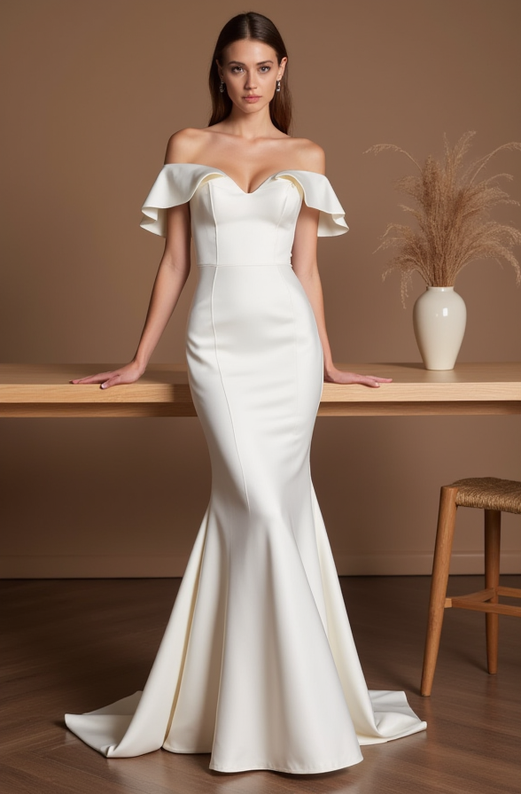 Off-Shoulder Mermaid Wedding Dress – Ruffled Sleeves & Sweetheart Neckline