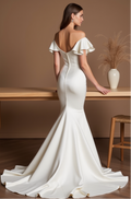 Off-Shoulder Satin Wedding Gown – Clean Mermaid Silhouette with Flowy Ruffles