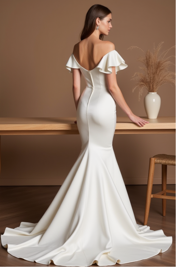 Off-Shoulder Satin Wedding Gown – Clean Mermaid Silhouette with Flowy Ruffles