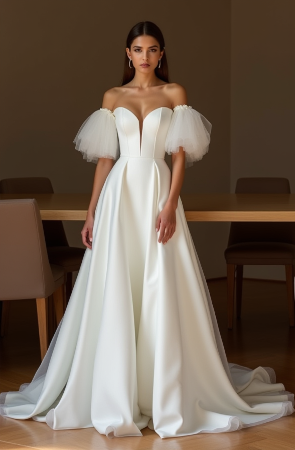 Elegant Tulle Sleeve Wedding Dress – Off-Shoulder & Plunge Neckline