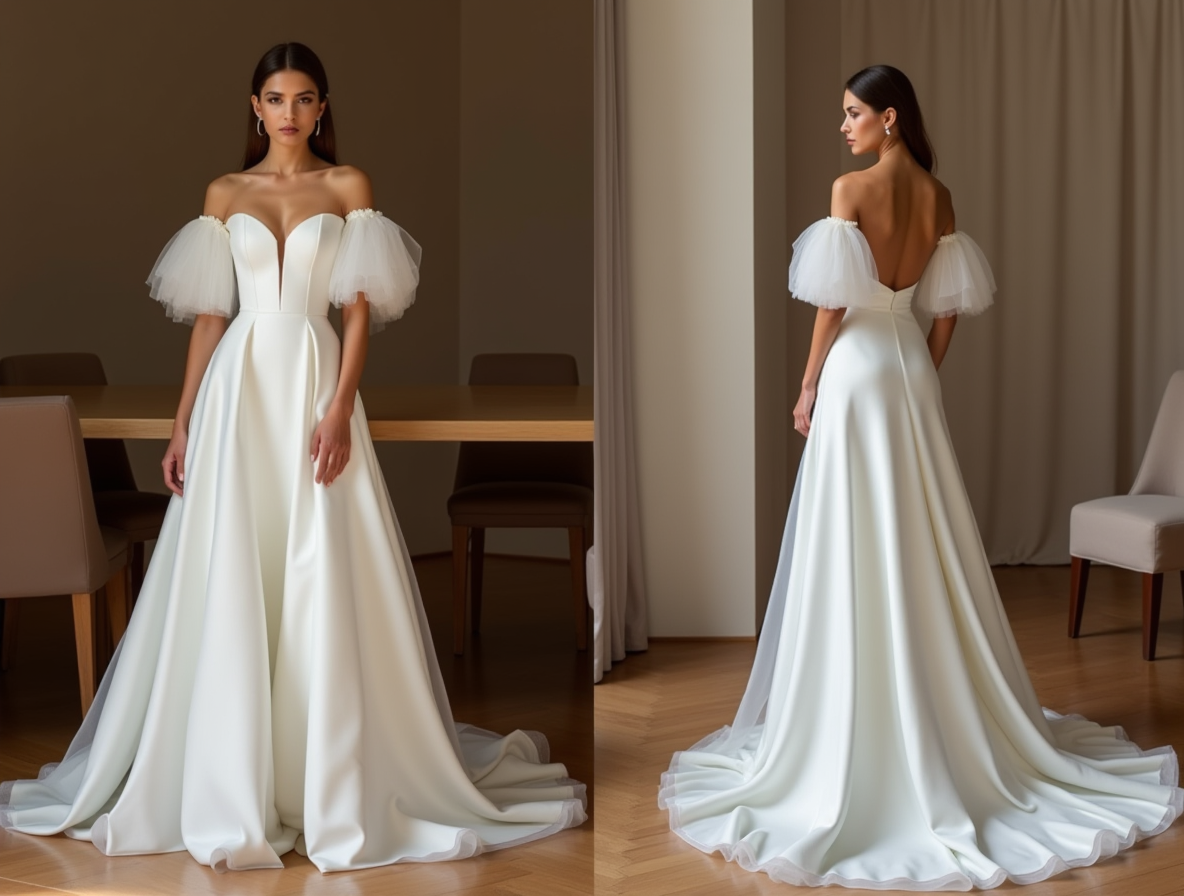 Elegant Tulle Sleeve Wedding Dress – Off-Shoulder & Plunge Neckline