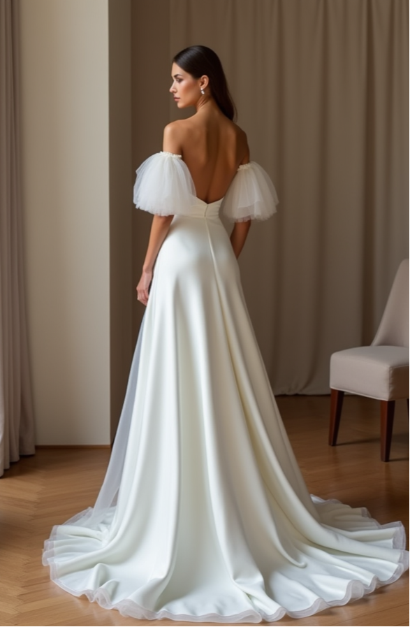 Elegant Tulle Sleeve Wedding Dress – Off-Shoulder & Plunge Neckline