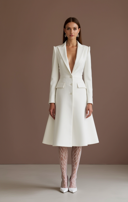 Satin Blazer Inspired Short Wedding Dress with Deep V-Neck