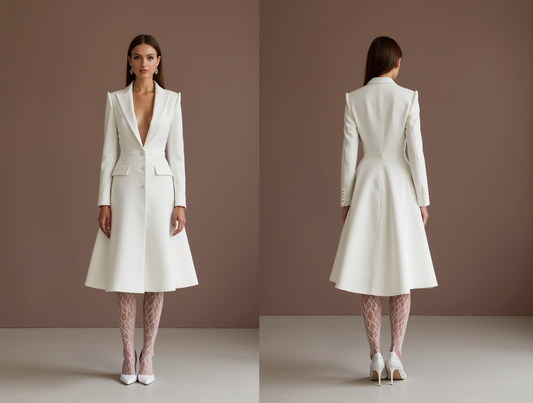 Satin Blazer Inspired Short Wedding Dress with Deep V-Neck