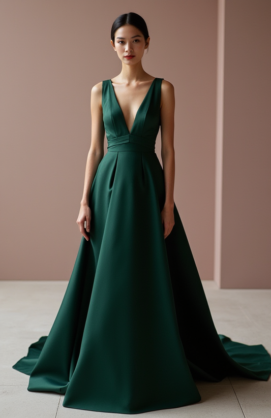 Luxurious Green Evening Dress & Prom Dress with High Neck and Embroidered Details